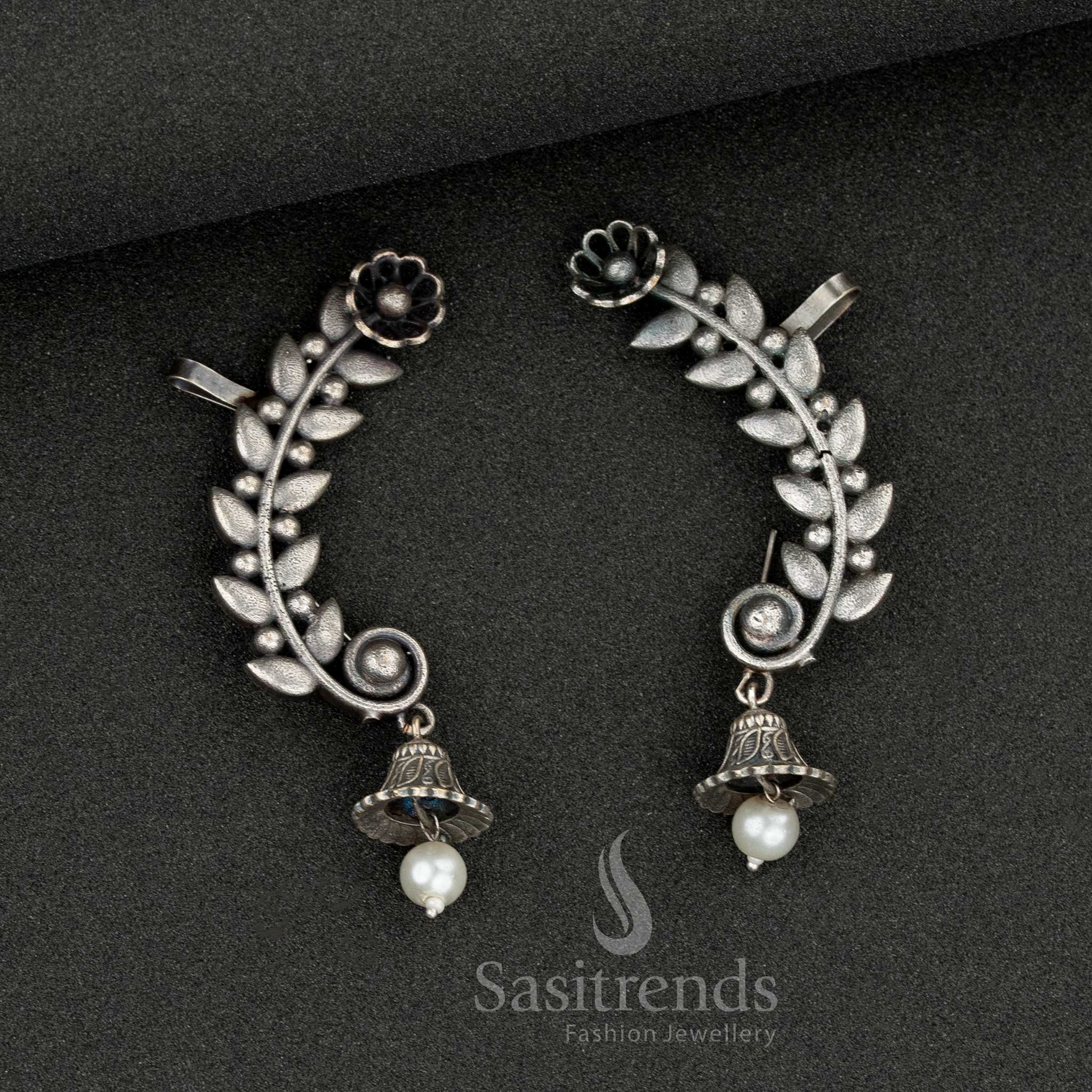 Floral vine oxidised ear cuff with pearl drop - Sasitrends