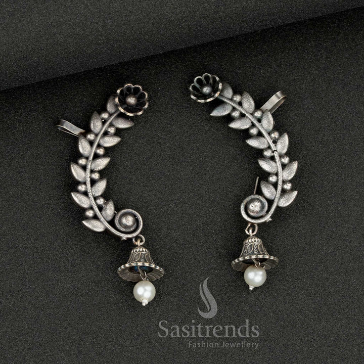 Ethnic Wear Antique Oxidised Silver Look Floral Vine Ear Cuff Earrings with Pearl Drop – Sasitrends