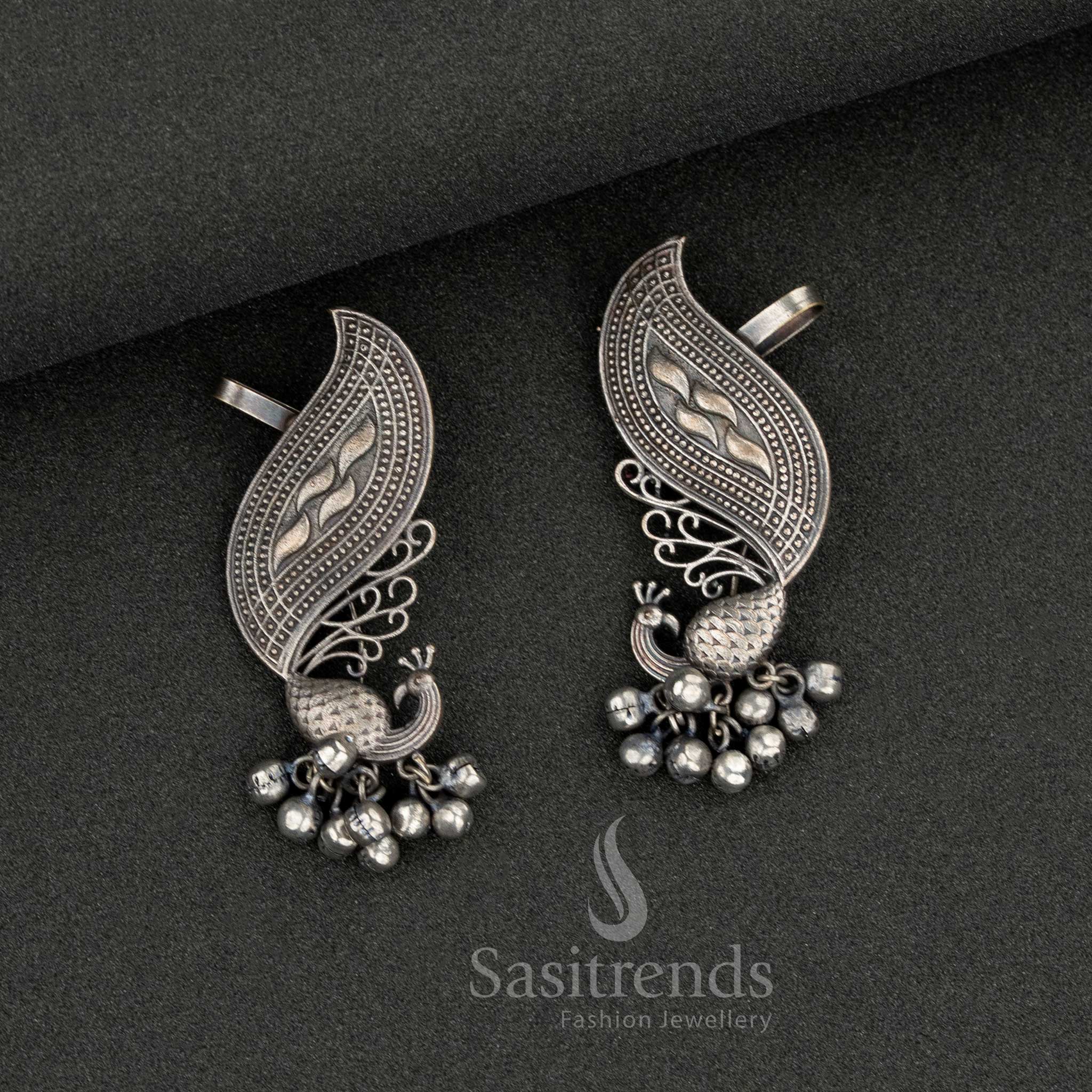 Oxidised silver peacock ear cuff with bead drops - Sasitrends