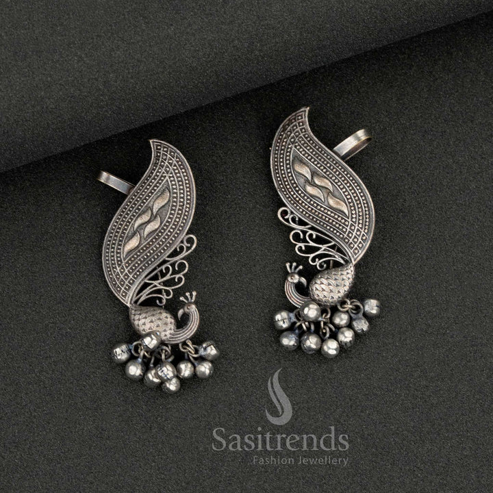 Gorgeous Antique Oxidised Silver Look Peacock Ear Cuff Earrings with Hanging Beads – Sasitrends