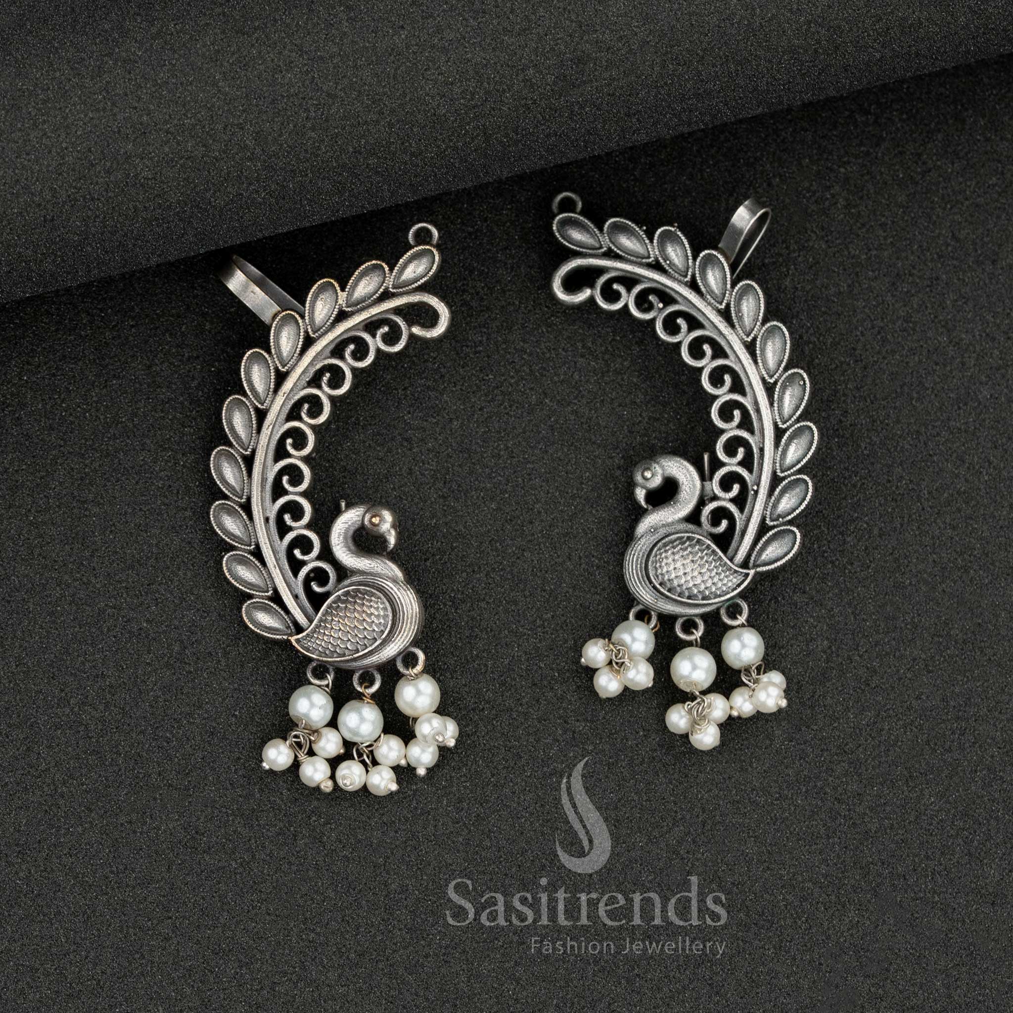Antique oxidised peacock ear cuff with pearls 