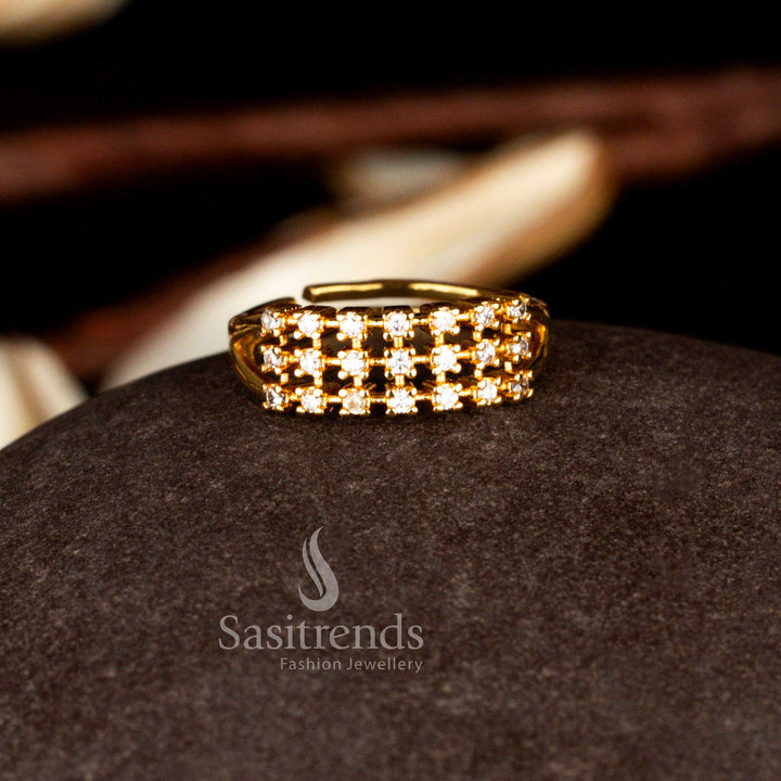 Sasitrends one gram micro gold plated adjustable three line white AD ring featuring sparkling American diamond stones and a guaranteed real gold look finish perfect for daily, festive and party wear.