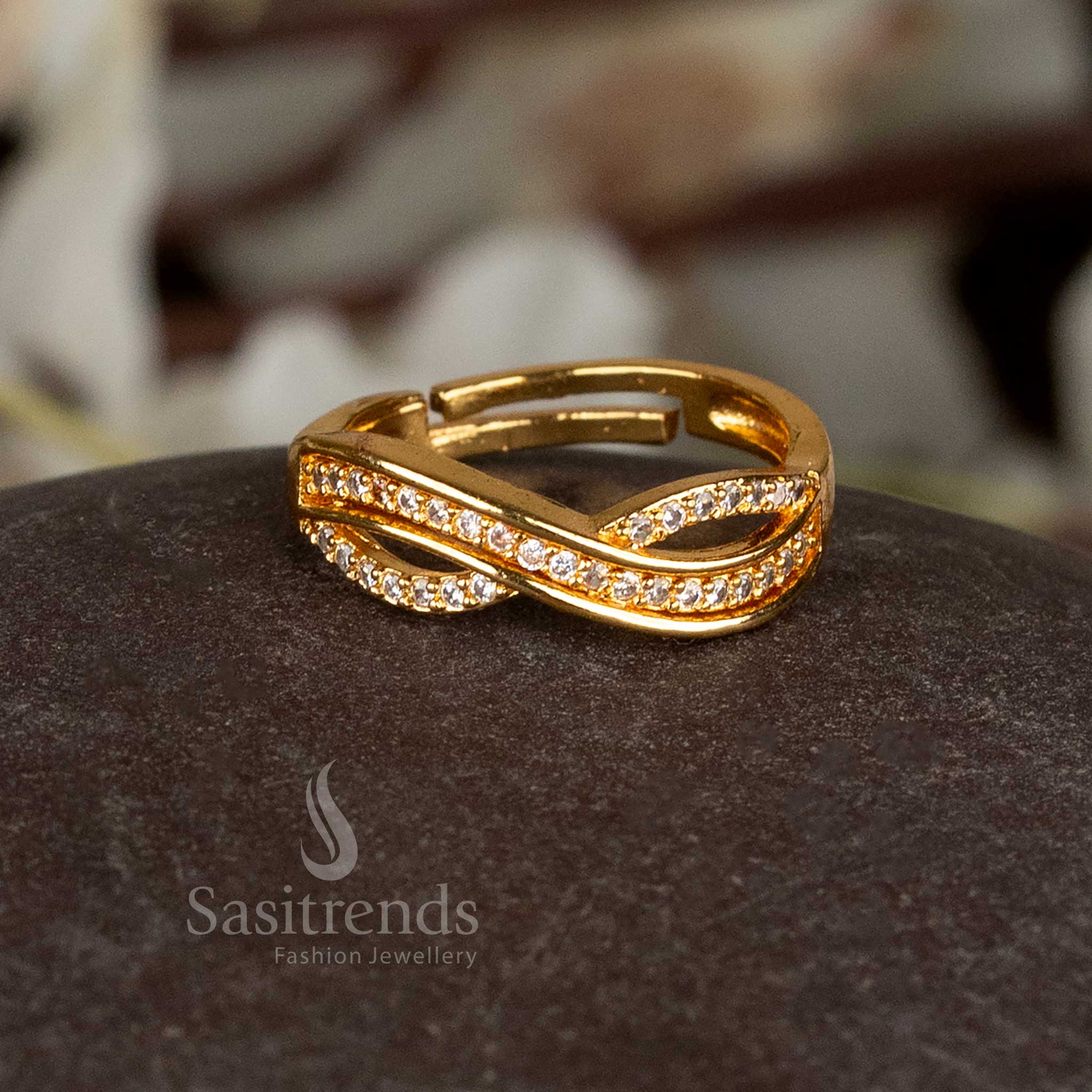 Guaranteed one gram micro gold plated adjustable ring featuring sparkling American Diamonds and a 24 carat pure gold look – perfect for traditional festive jewellery wear by Sasitrends

