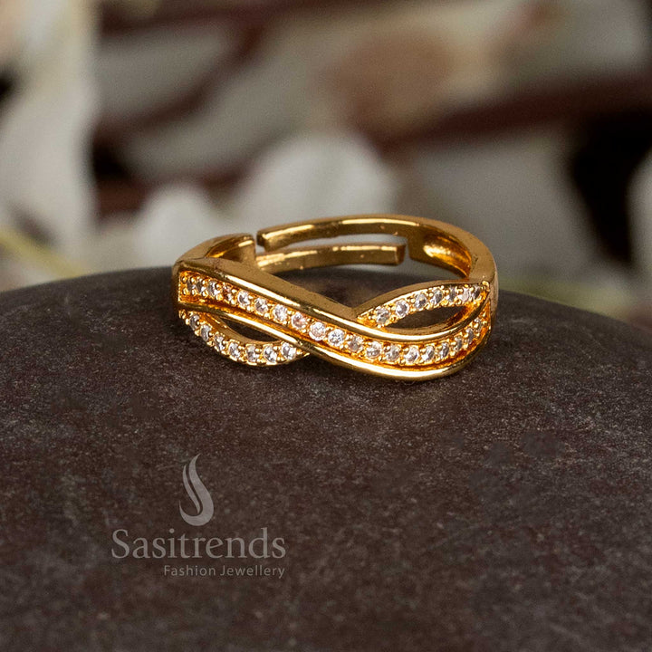 Guaranteed one gram micro gold plated adjustable ring featuring sparkling American Diamonds and a 24 carat pure gold look – perfect for traditional festive jewellery wear by Sasitrends

