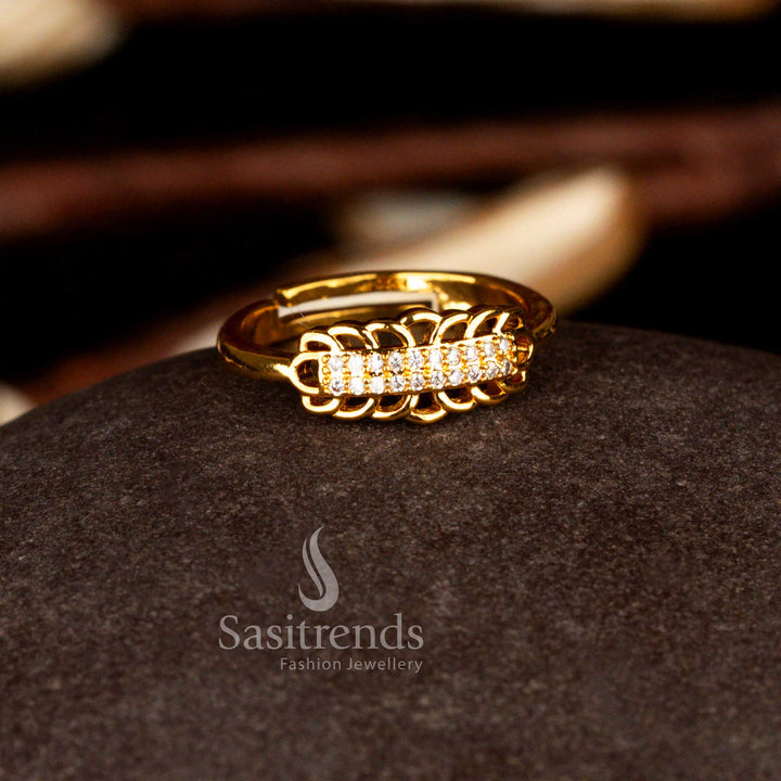 Sasitrends elegant one gram micro gold plated adjustable rectangular bridge and scalloped cut-out loops white AD statement ring designed with brilliant stone detailing and a smooth adjustable band for comfortable festive wear.
