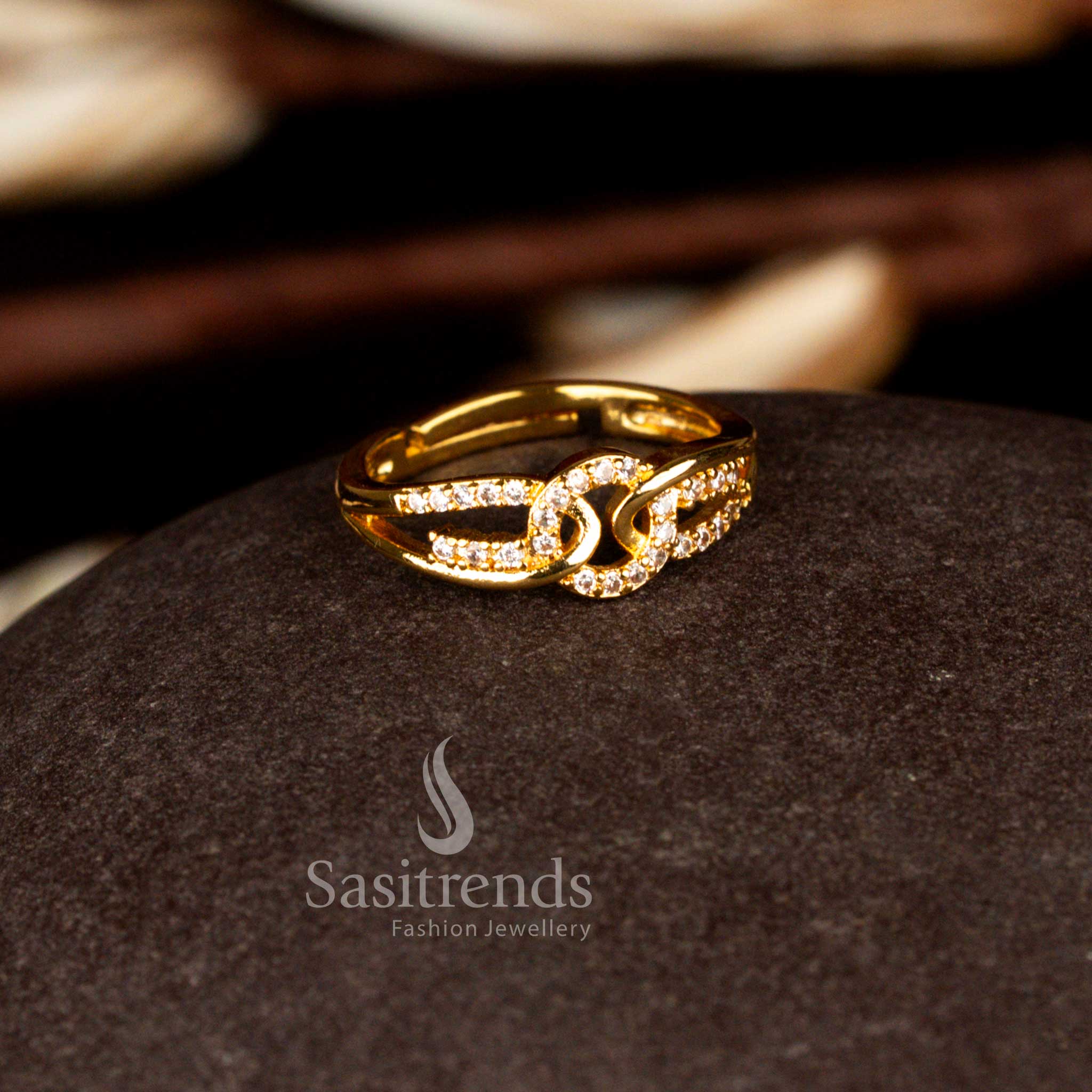 Sasitrends classic one gram micro gold plated adjustable Cut-work lattice white AD ring showcasing refined stone setting and a guaranteed gold finish ideal for everyday elegance and celebration styling.
