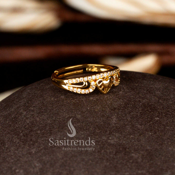 Sasitrends luxury one gram micro gold plated adjustable heart motif white American diamond ring designed with sparkling stones and rich gold tone polish for elegant celebration wear.