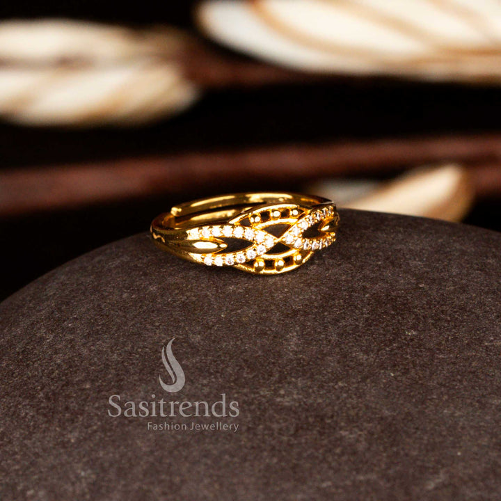 Sasitrends premium adjustable one gram micro gold plated infinity-style openwork face white AD ring designed for daily elegance and festive glamour with sparkling stones and comfortable fit.