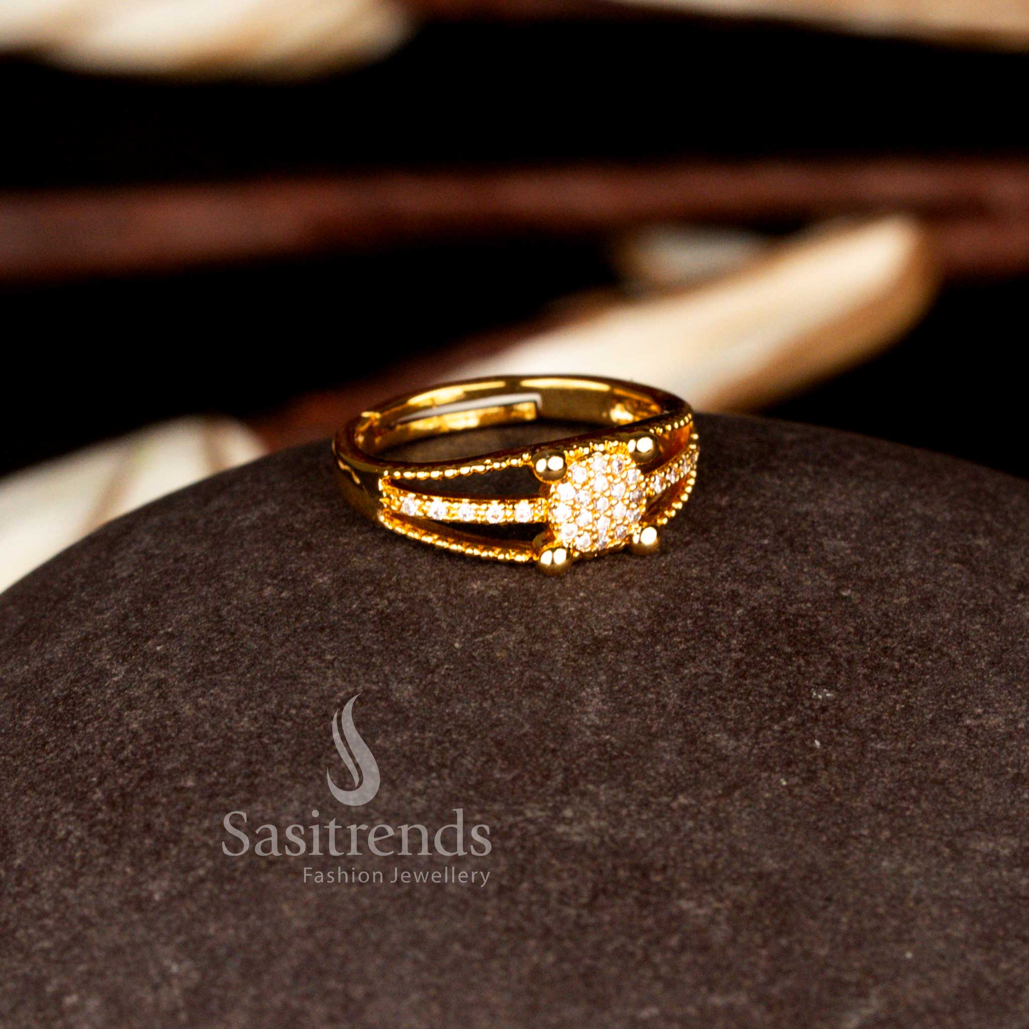 Sasitrends modern one gram micro gold plated adjustable triple-split shank white AD designer ring featuring intricate stone arrangement and radiant gold finish for contemporary styling.