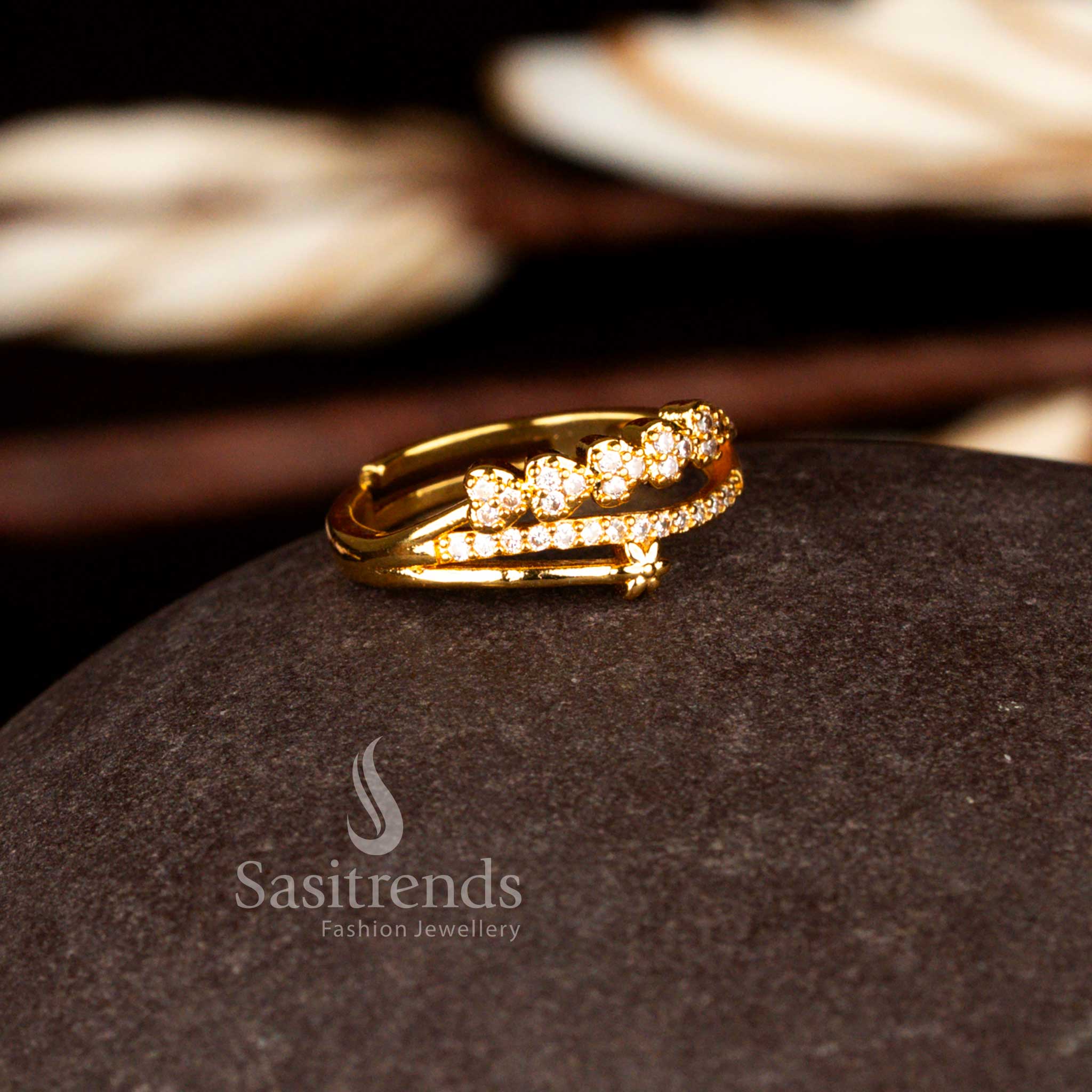 Sasitrends elegant adjustable one gram micro gold plated row of five pave-set heart charms floral white AD ring crafted with sparkling stones and guaranteed real gold shine for refined celebration looks.
