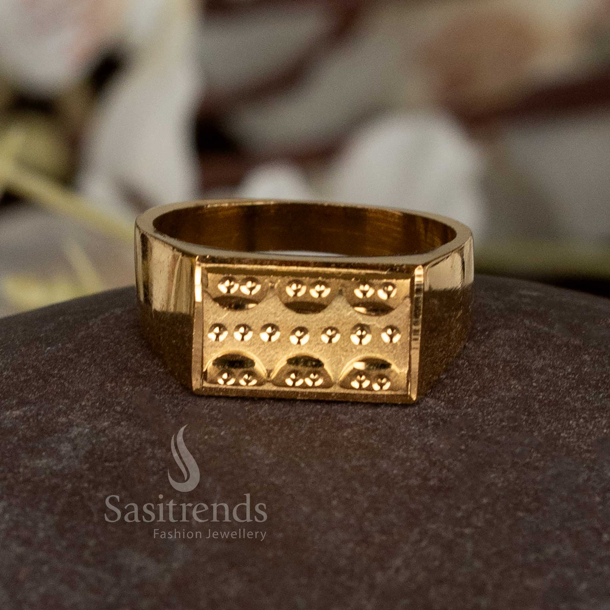 Men's rings with rectangular faces, showcasing two distinct styles in micro gold plating.