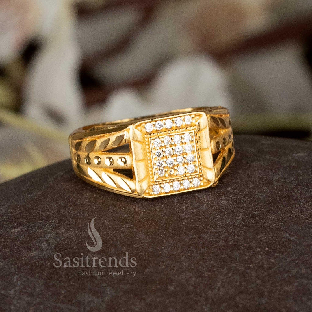 Sasitrends 24k gold plated men's rings, one with dotted pattern and one with square AD stones.