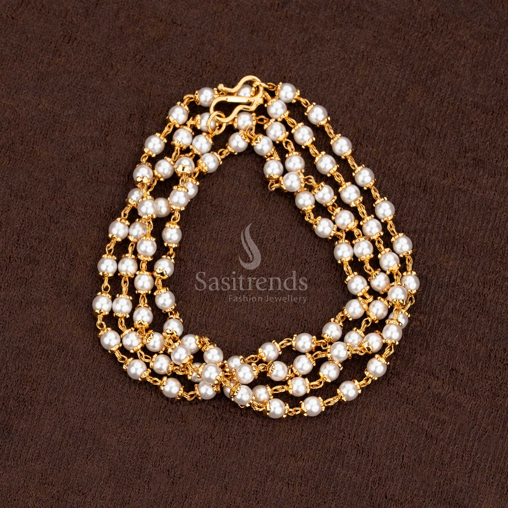 Micro gold plated pearl chain necklace in a traditional Muthu Mala design.
