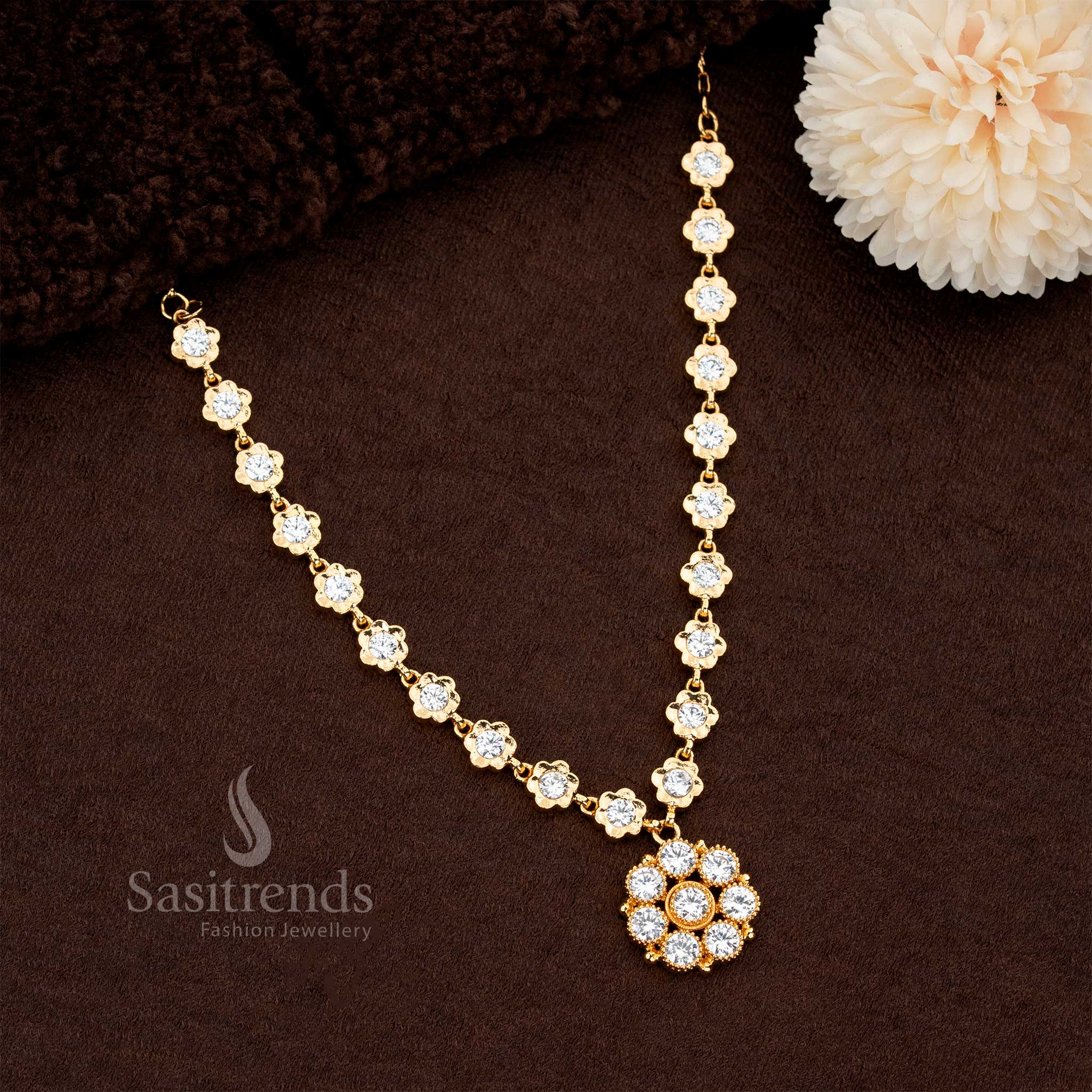 Impon Addigai Flower Round Micro Gold Plated Necklace with AD Stones