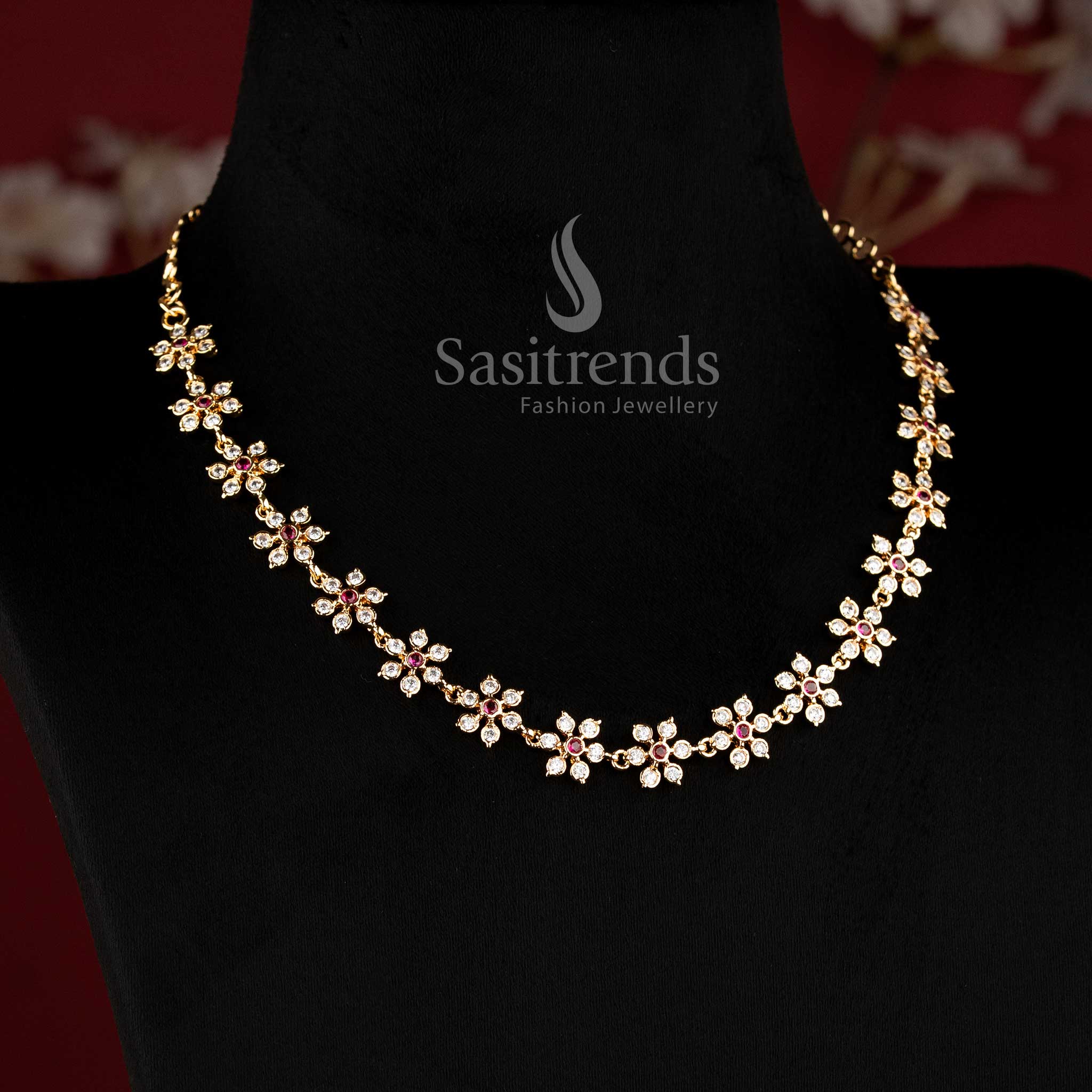 Elegant Impon micro gold plated white ruby American Diamond floral cluster addigai necklace set - Sasitrends.