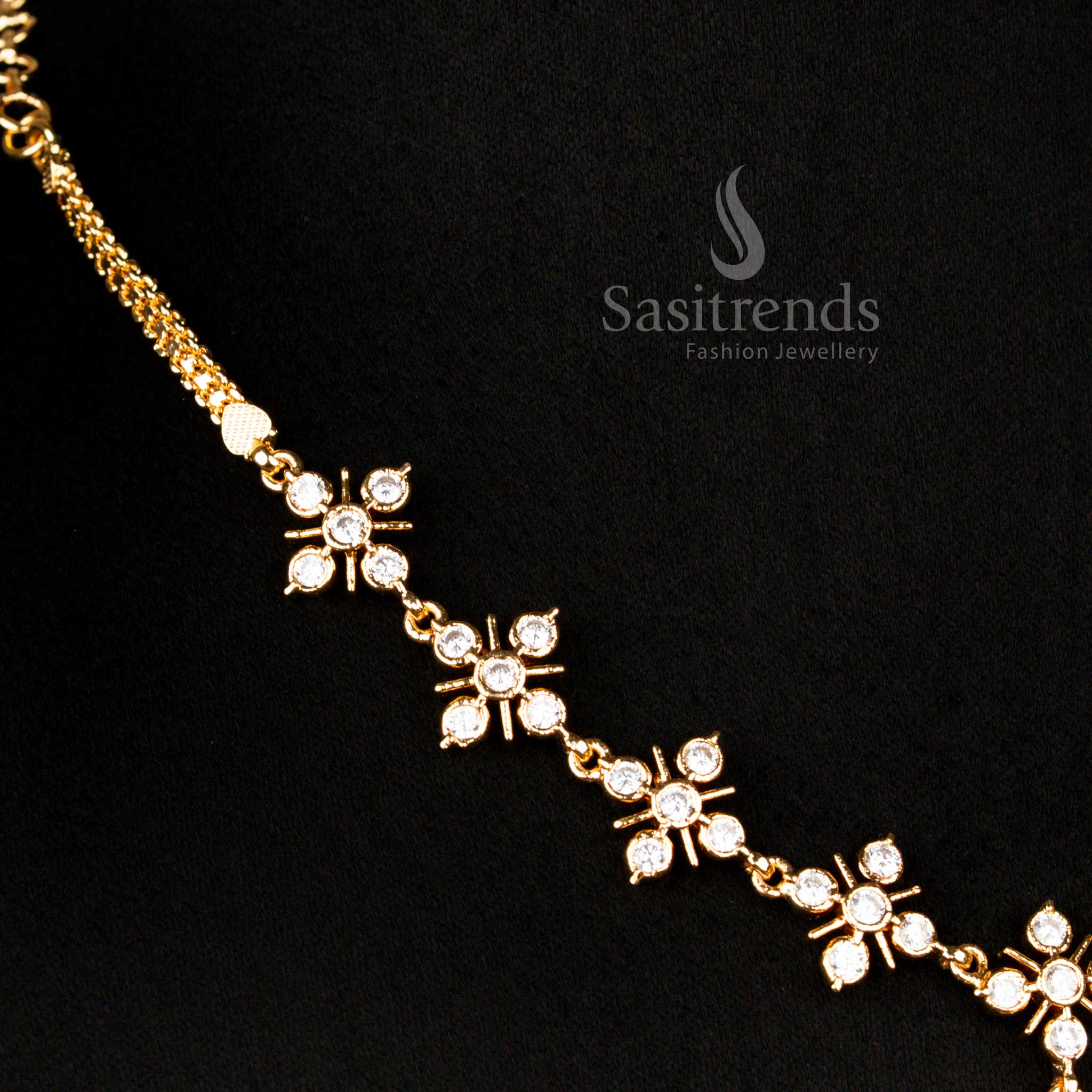 Real Gold Look Impon Addigai Micro Gold Plated White Ad Stone Floral Panchaloga Necklace  - Sasitrends