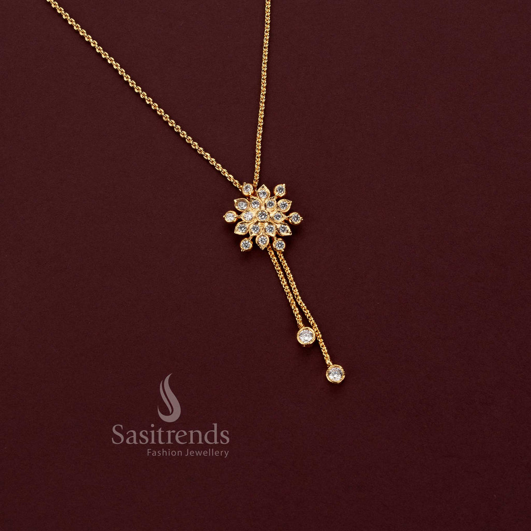 Impon Micro Gold Plated American Diamond Floral Y-Shape Necklace with Double Chain Drops - Sasitrends