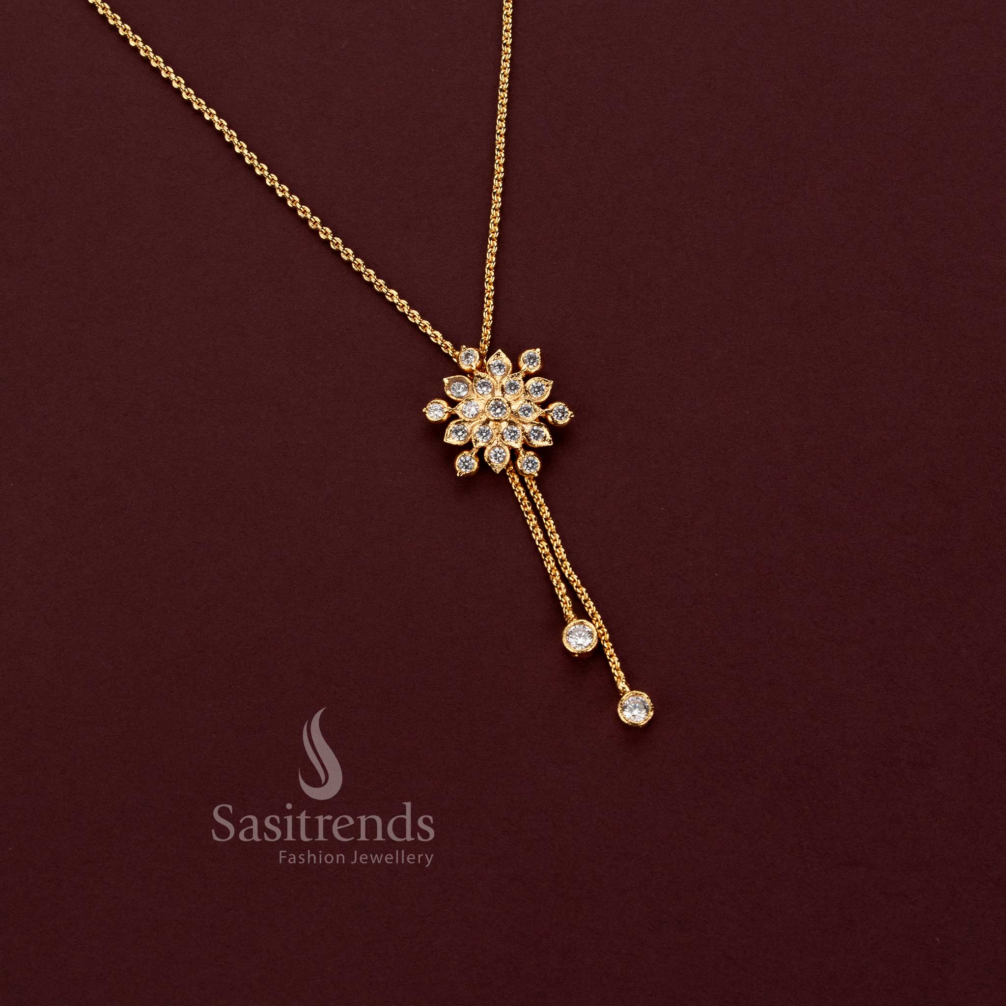 Impon Micro Gold Plated American Diamond Floral Y-Shape Necklace with Double Chain Drops - Sasitrends