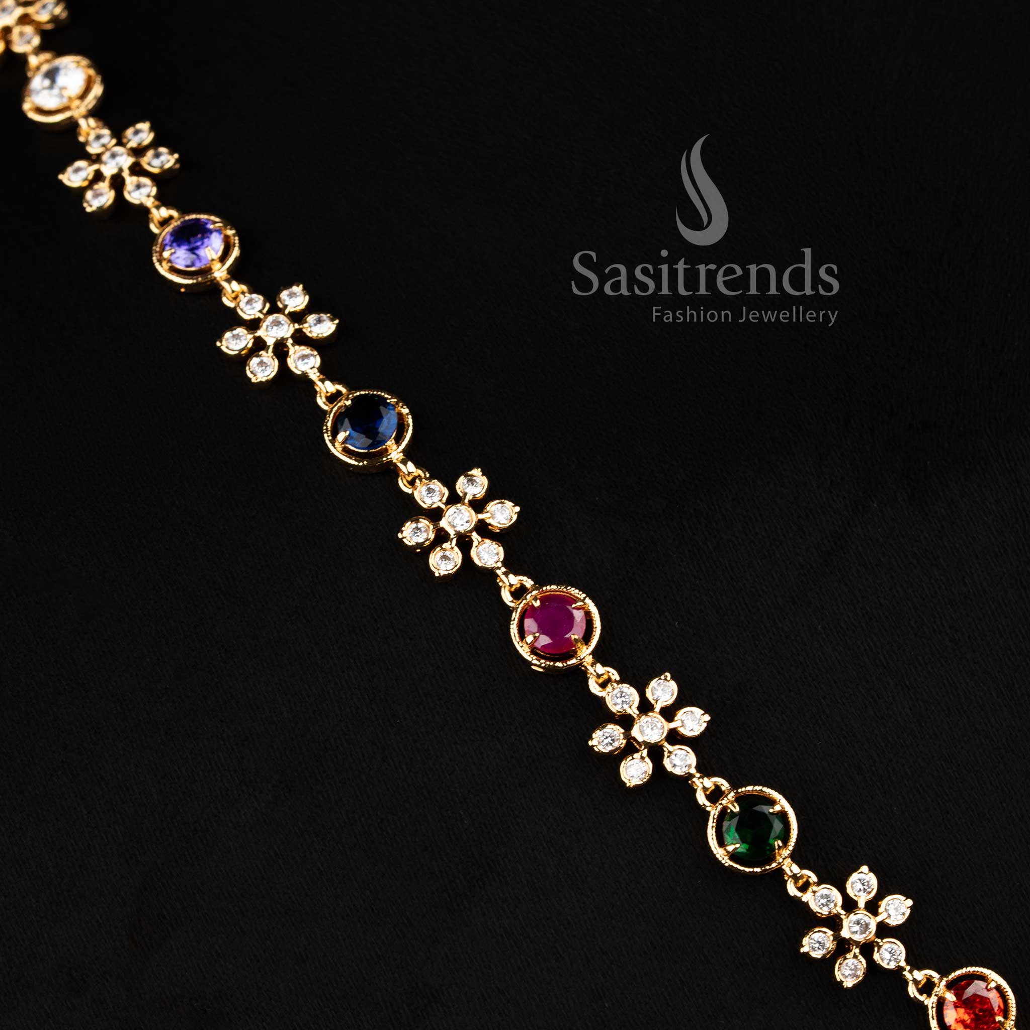 Impon Pachaloha structured link one gram micro gold plated necklace by Sasitrends featuring American Diamond detailing and traditional design for festive and temple wear