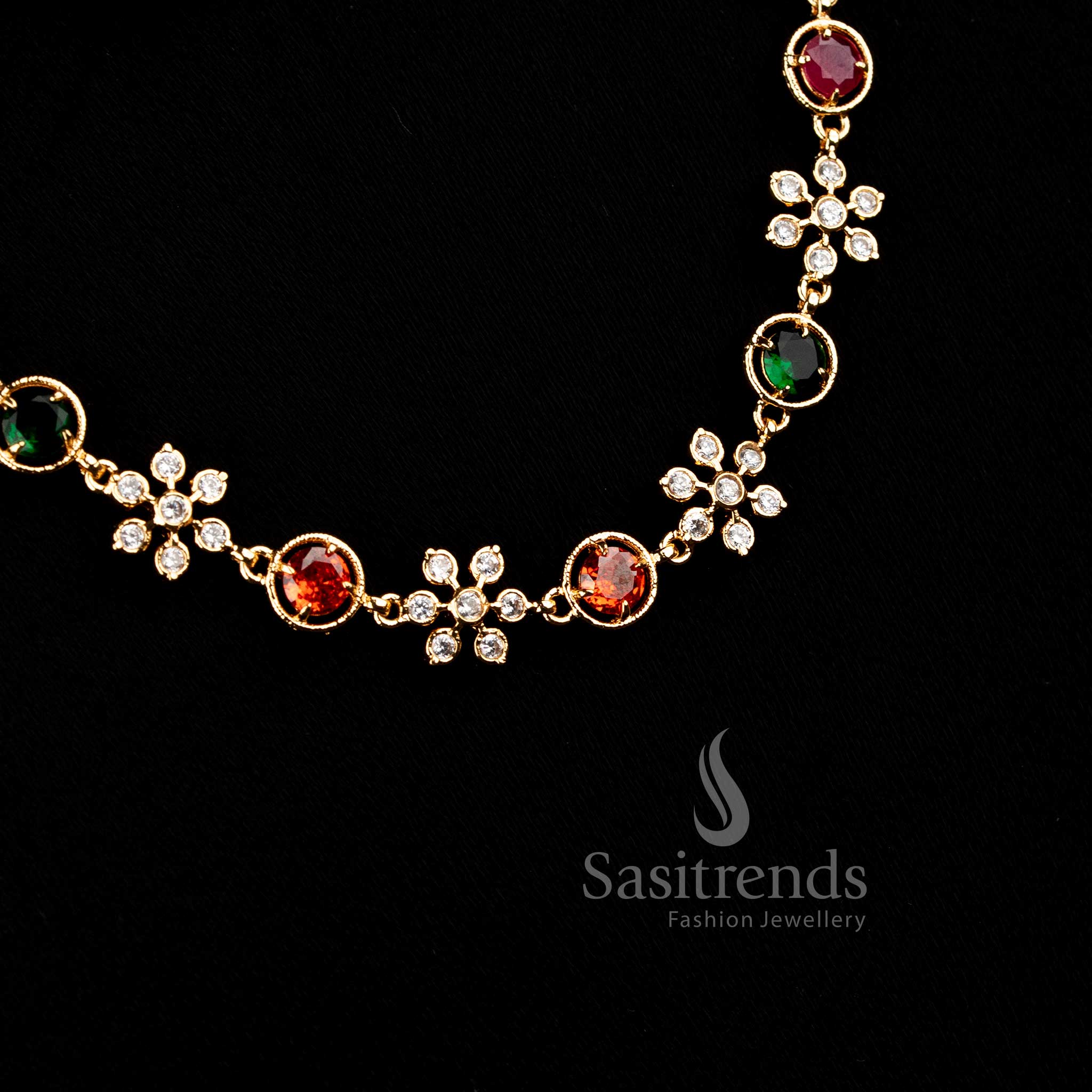 Impon Pachaloha structured link one gram micro gold plated necklace by Sasitrends featuring American Diamond detailing and traditional design for festive and temple wear