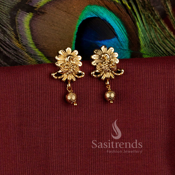 Premium Matte Gold Plated Peacock Stud Earrings with Hanging Ball Droplets for Festive & Saree Wear- Sasitrends