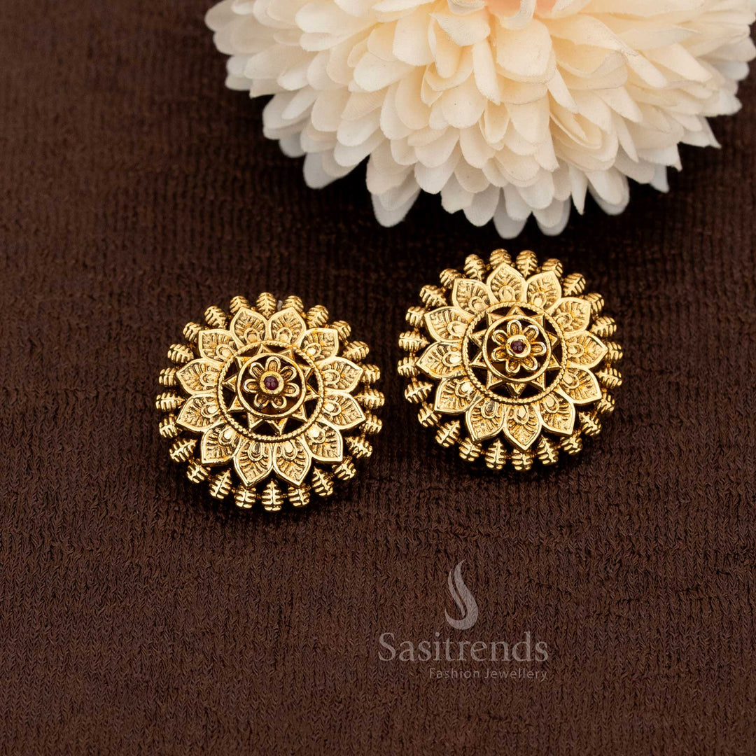 Antique matte gold plated floral temple earrings premium design 