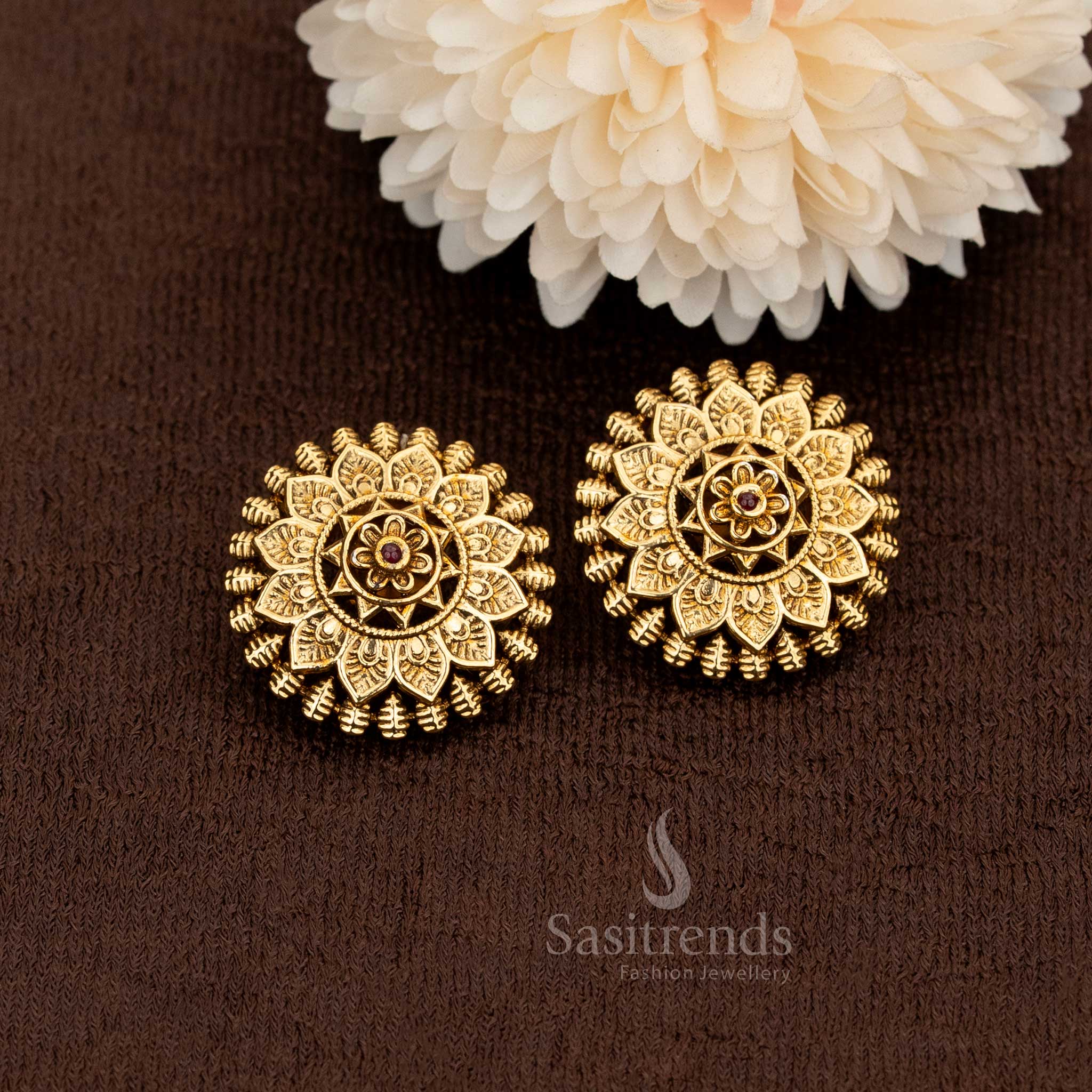 Antique matte gold plated floral temple earrings premium design 