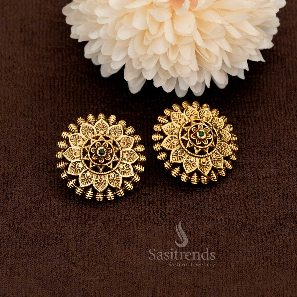 Festive wear antique matte gold floral temple earrings 