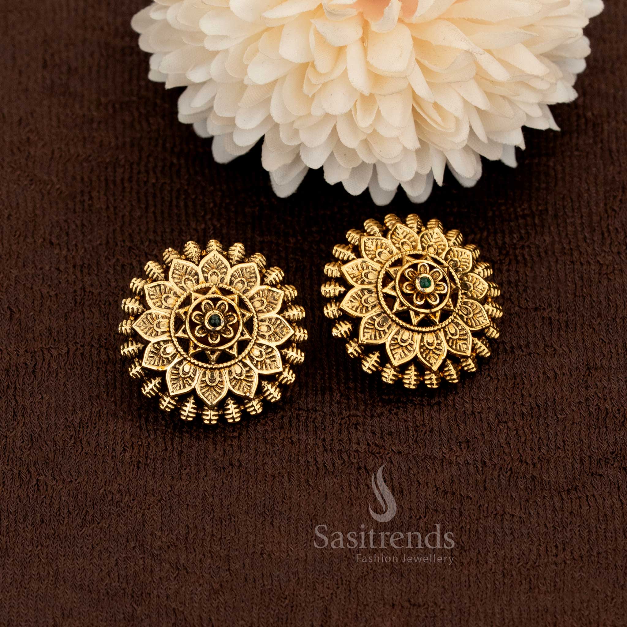 Festive wear antique matte gold floral temple earrings 