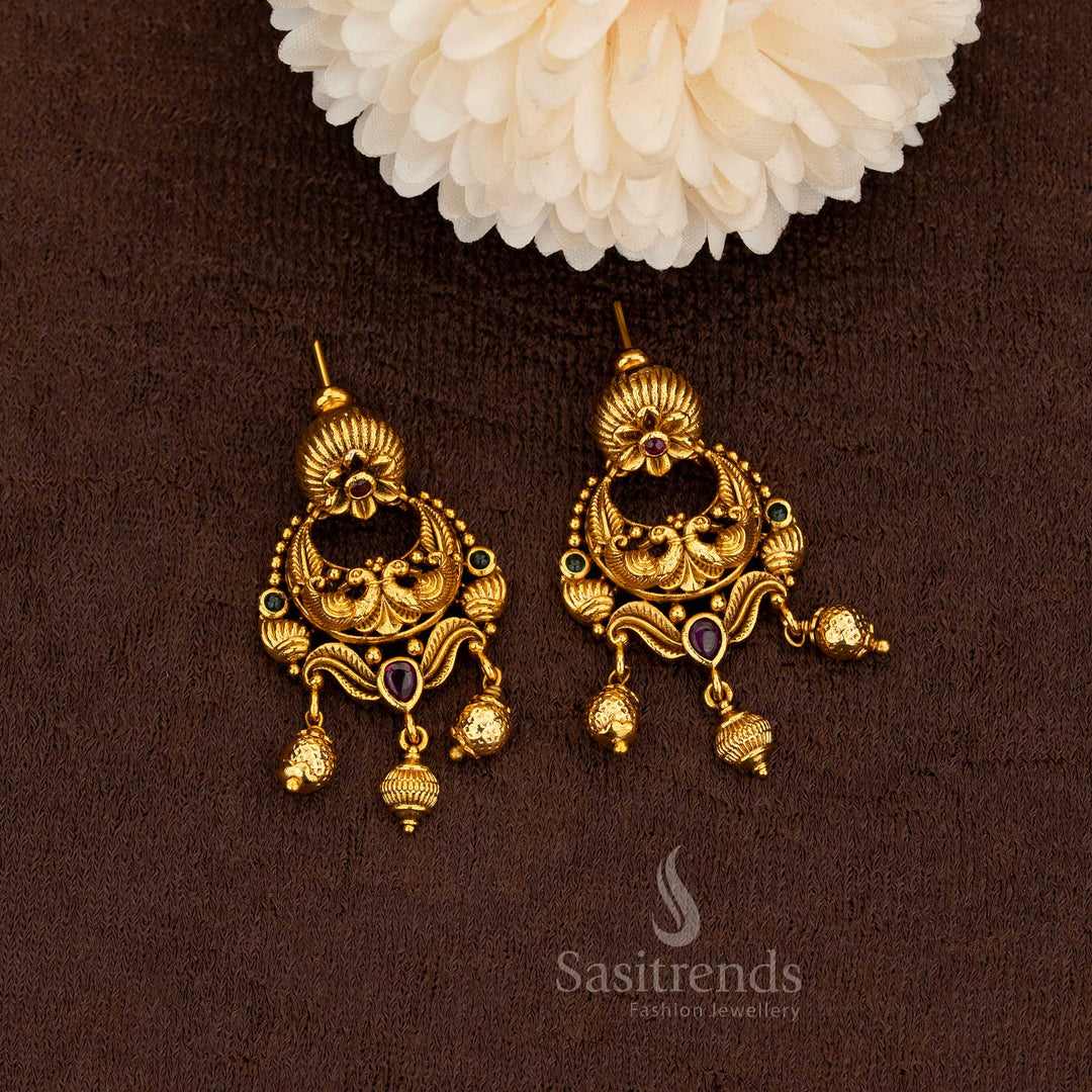 Premium temple matte gold plated peacock floral earrings