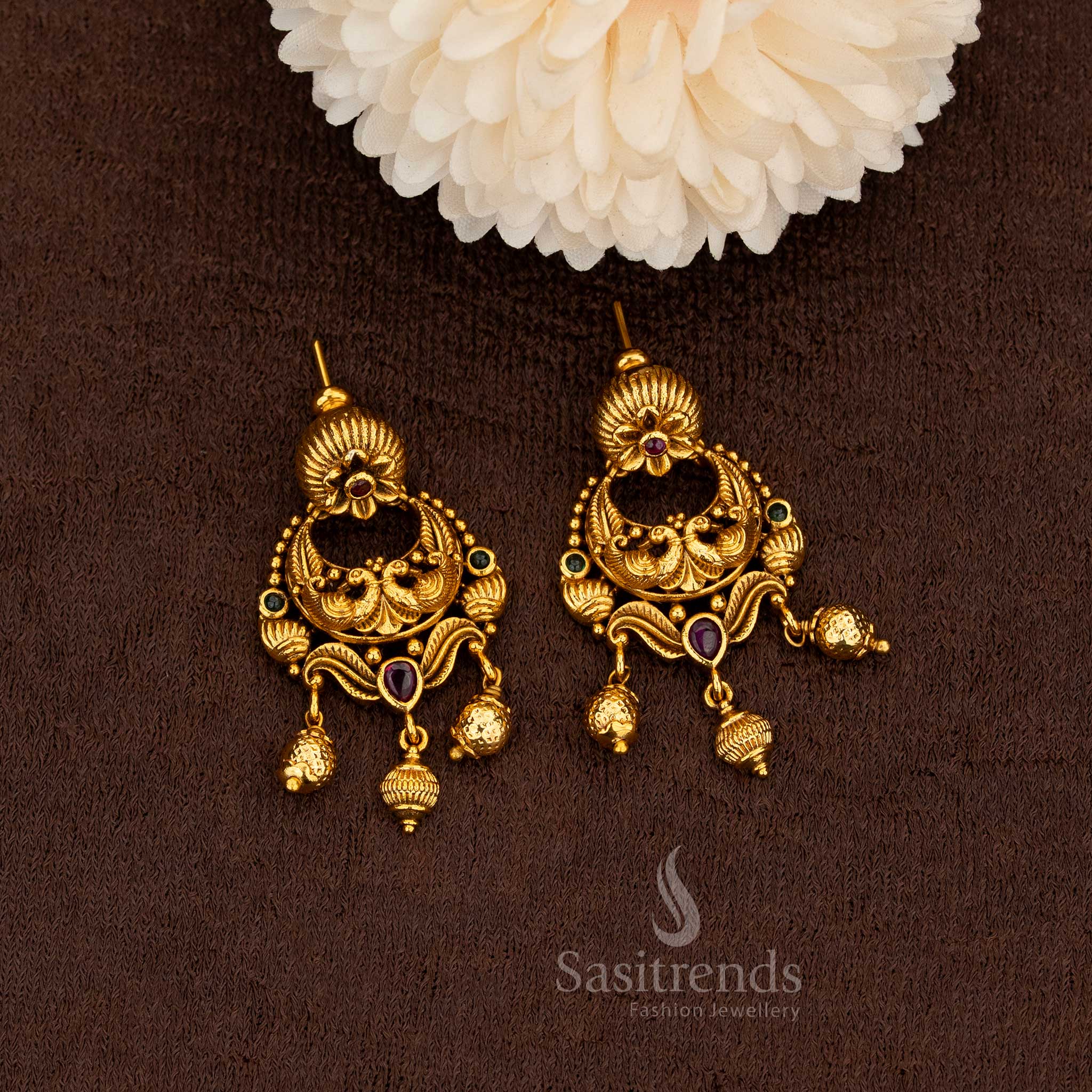 Premium temple matte gold plated peacock floral earrings
