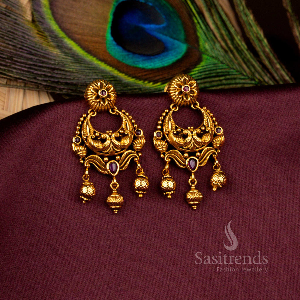 Premium temple matte gold plated peacock floral earrings