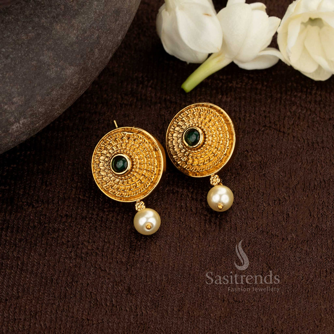 Elegant Round Matte Gold Plated Earrings with Stone Accent & Pearl Drop – Sasitrends - Sasitrends