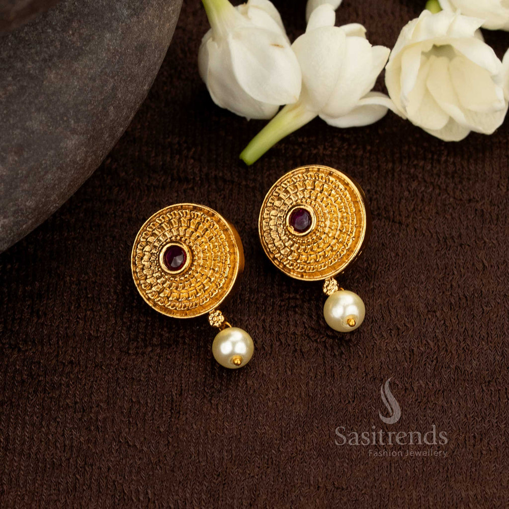 Elegant Round Matte Gold Plated Earrings with Stone Accent & Pearl Drop – Sasitrends - Sasitrends