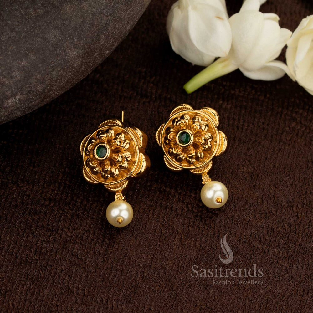 Ornate matte gold floral earrings with pearl drop, designed for temple visits and festive celebrations – Sasitrends