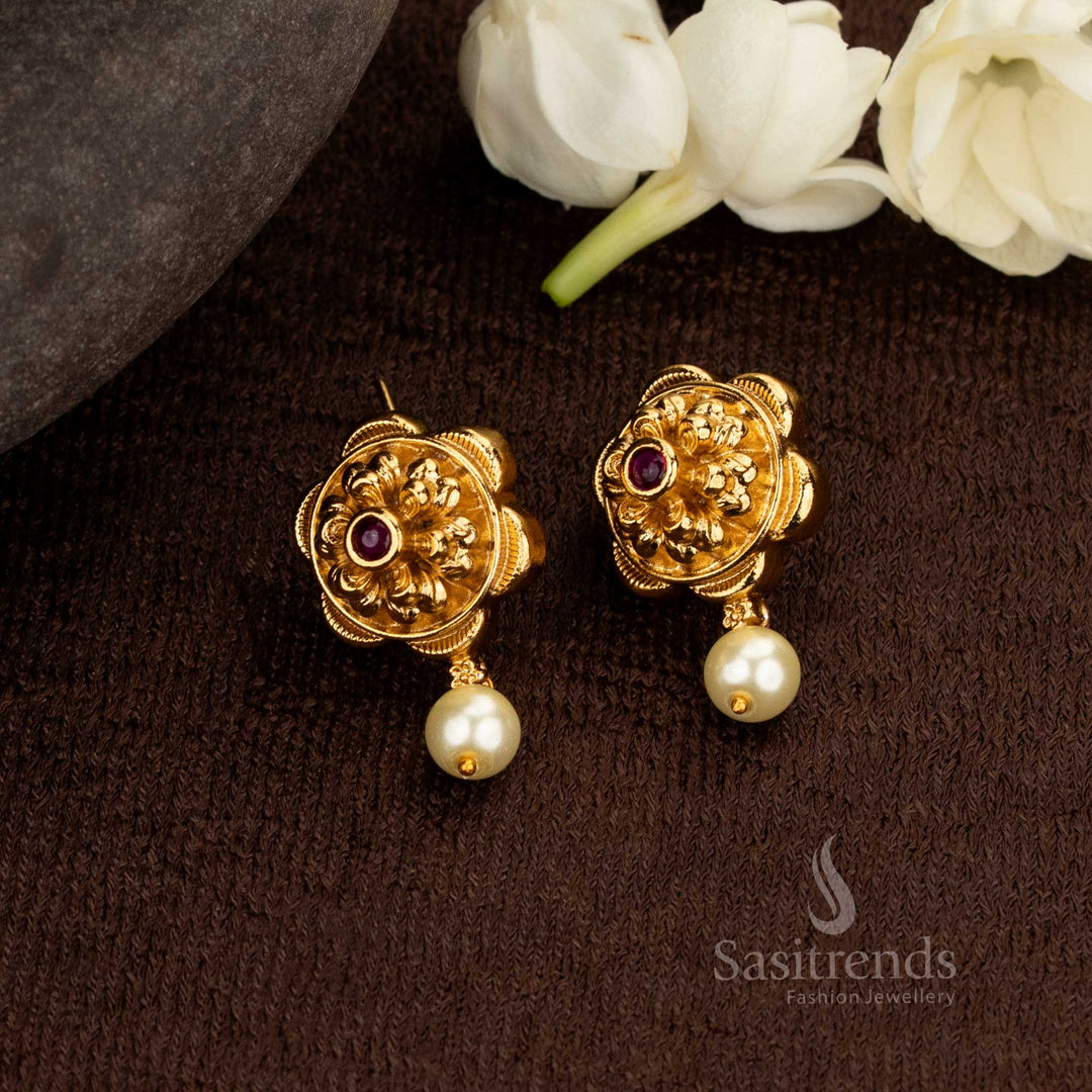 Ornate matte gold floral earrings with pearl drop, designed for temple visits and festive celebrations – Sasitrends