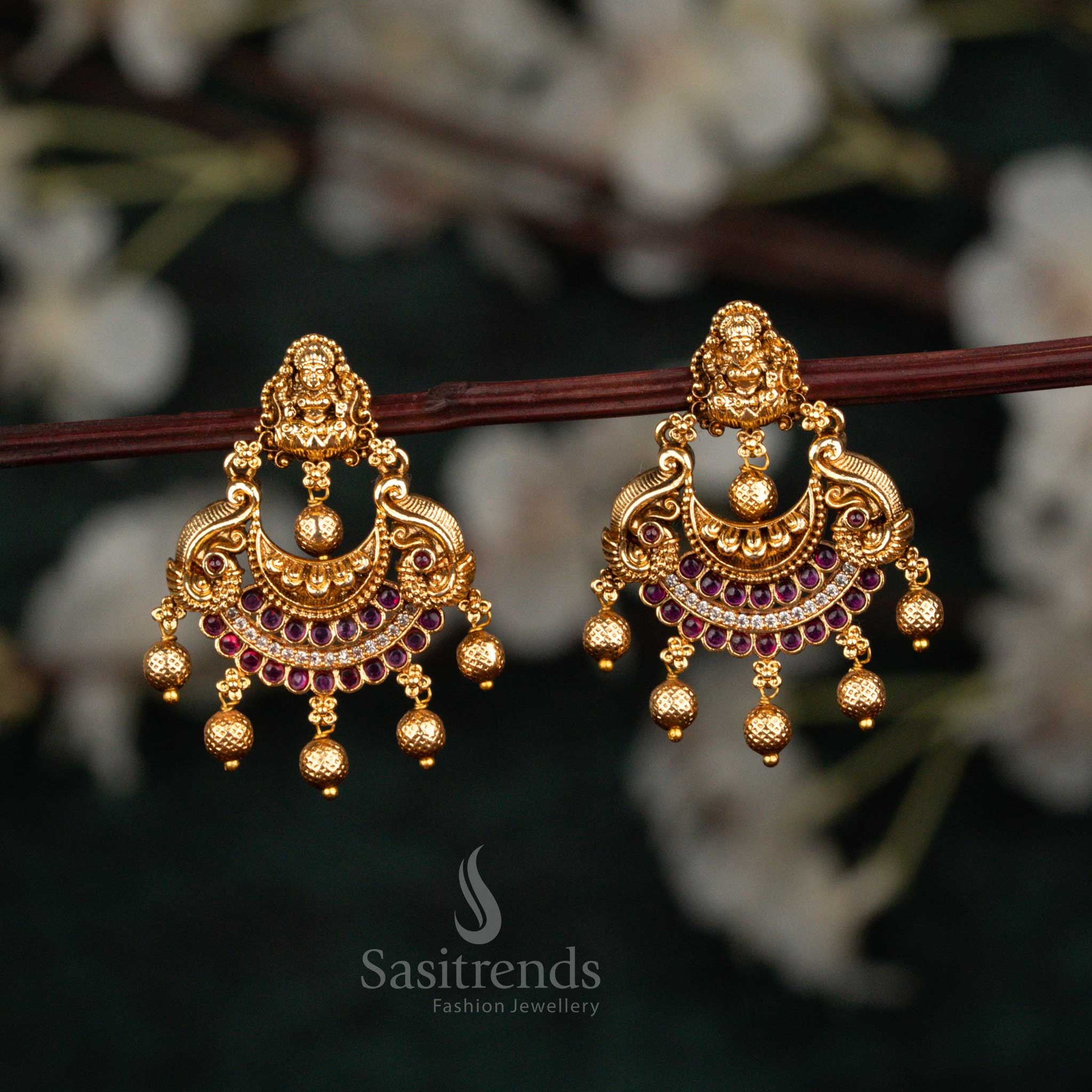 Sasitrends matte gold plated Lakshmi earrings 2651E with deity motif and bead drops
