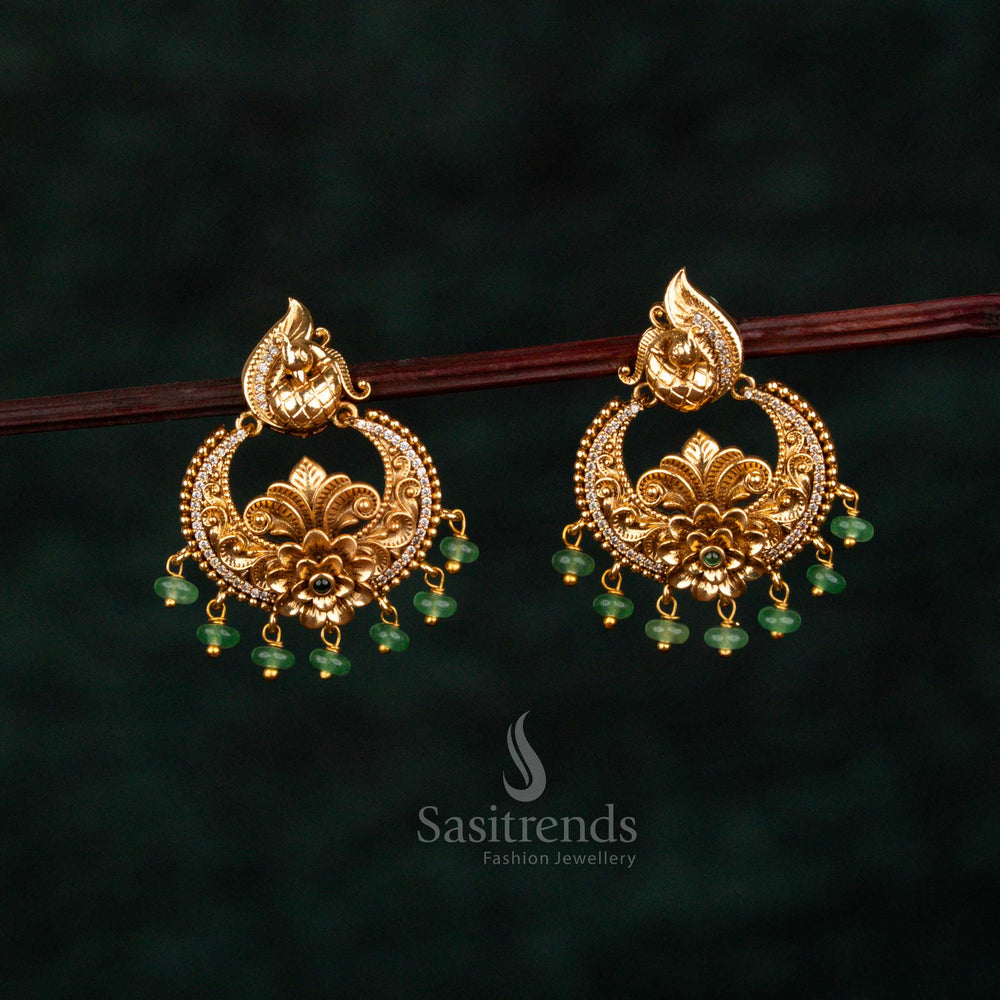 Opulent white green crescent floral earrings featuring divine peacock artistry, eternal matte gold finish, illustrious AD embellishments, and noble heritage craftsmanship – Sasitrends
