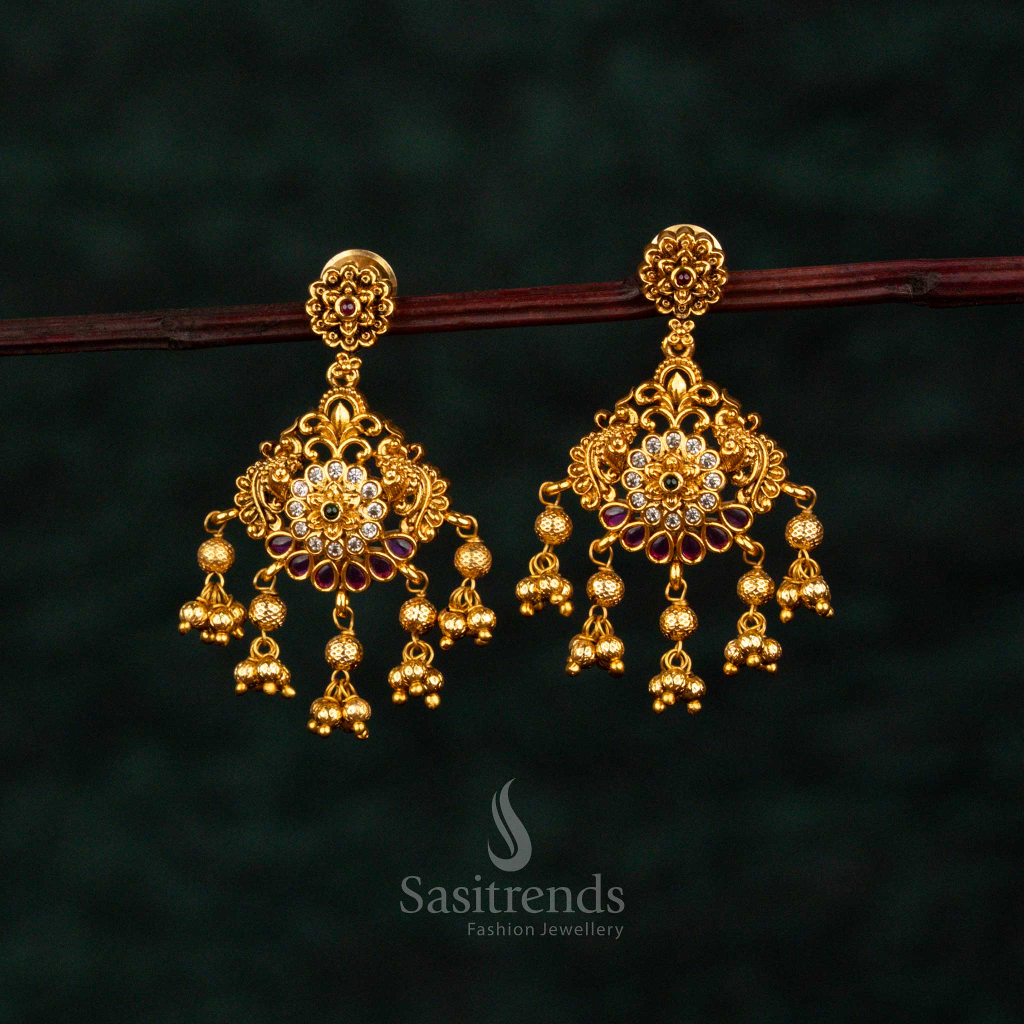 Sacred multicolor layered drop earrings featuring opulent floral AD detailing, regal matte gold finish, aristocratic artistry, and magnificent bridal heritage – Sasitrends