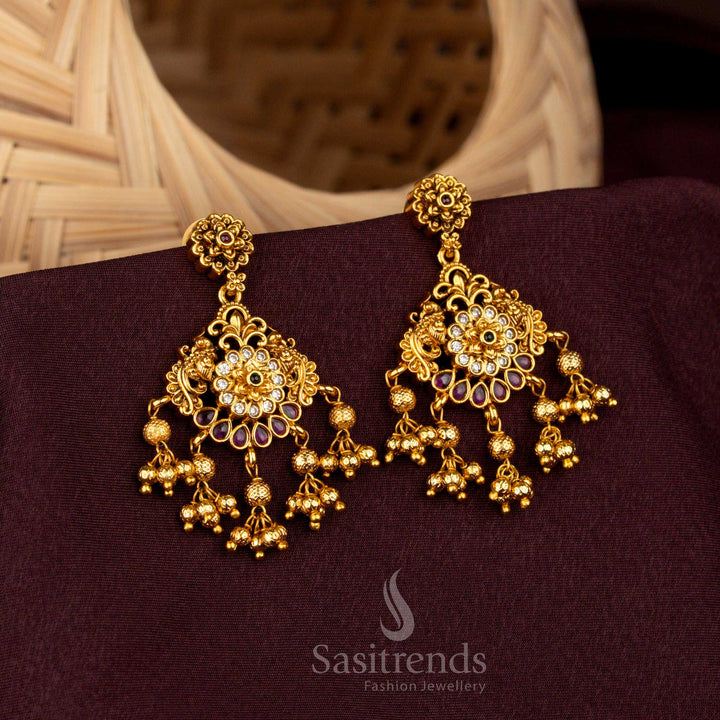 Beautiful Multi colors teardrop earrings with layered floral AD embellishments, radiant matte gold artistry, noble craftsmanship, and celestial wedding grandeur – Sasitrends