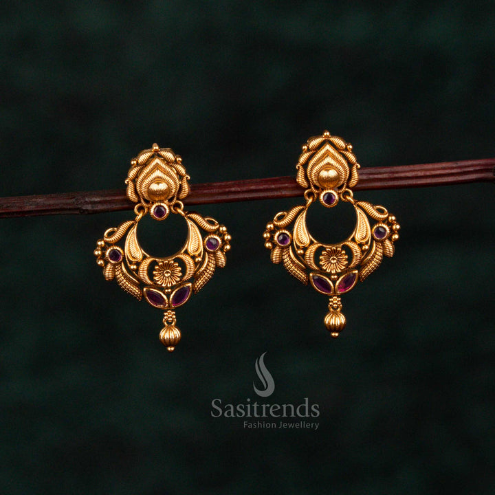 Traditional Matte Gold Plated Floral AD Earrings with Drop Detailing – Perfect for Festivals