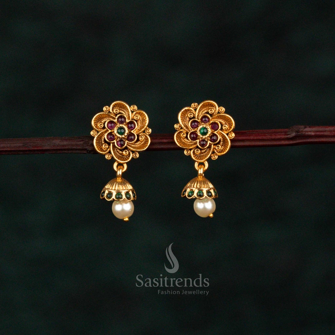 2651J Sasitrends Matte Gold Plated Floral Cluster AD Earrings with Jhumka Dome