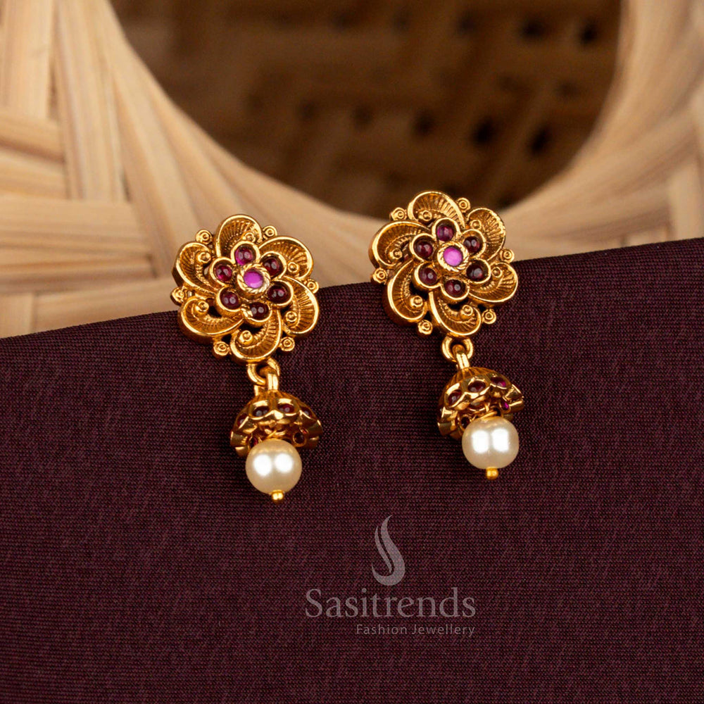 Ruby Matte Gold Plated Floral Cluster AD Earrings with Jhumka Dome - Sasitrends