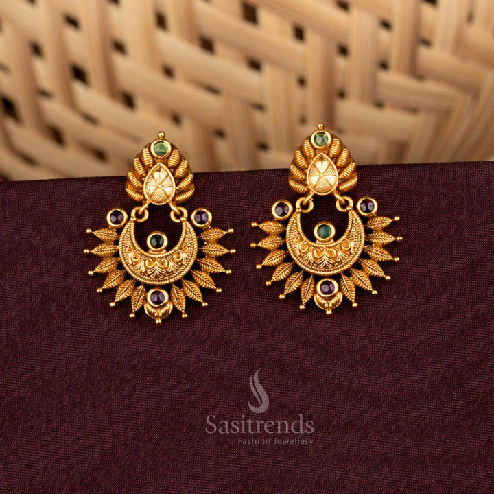 Matte Gold Plated Half Moon Teardrop Floral Sunray AD Earrings