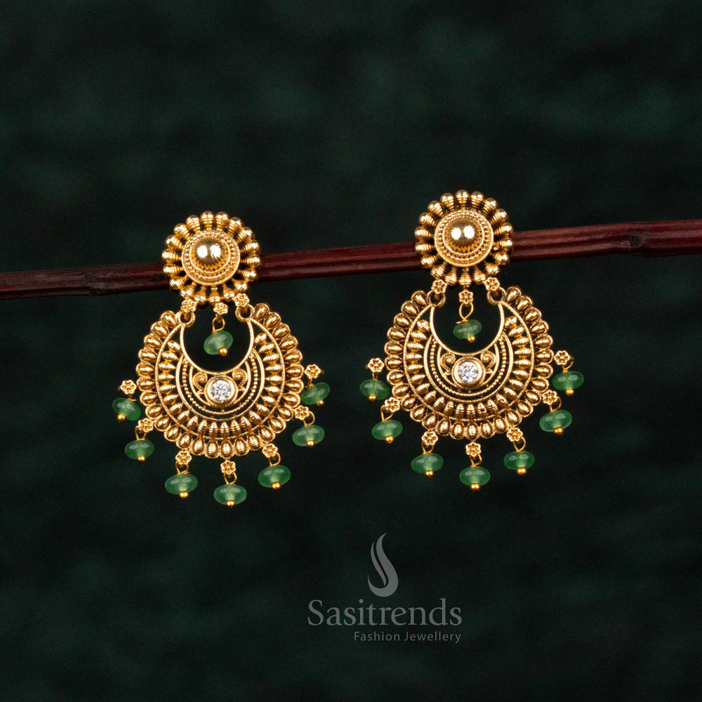 Sacred white circular floral temple earrings adorned with illustrious crescent motifs, resplendent matte gold finish, aristocratic craftsmanship, and celestial elegance for heritage occasions – Sasitrends