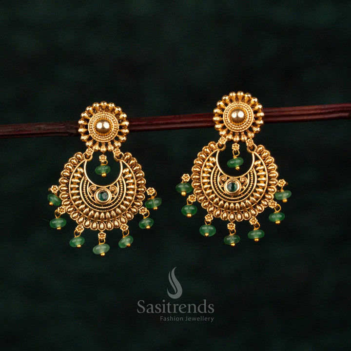 Exquisite green circular floral temple earrings crafted with noble crescent patterns, eternal matte gold detailing, heritage artistry, and splendid grandeur for bridal wear – Sasitrends