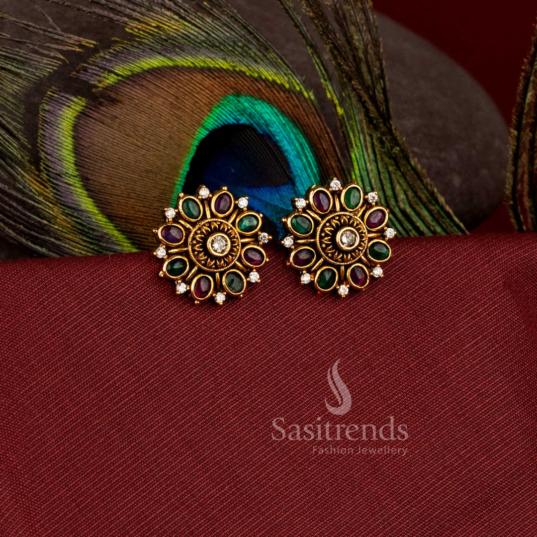 Temple jewellery floral stud earrings crafted with premium matte gold plated finish - Sasitrends