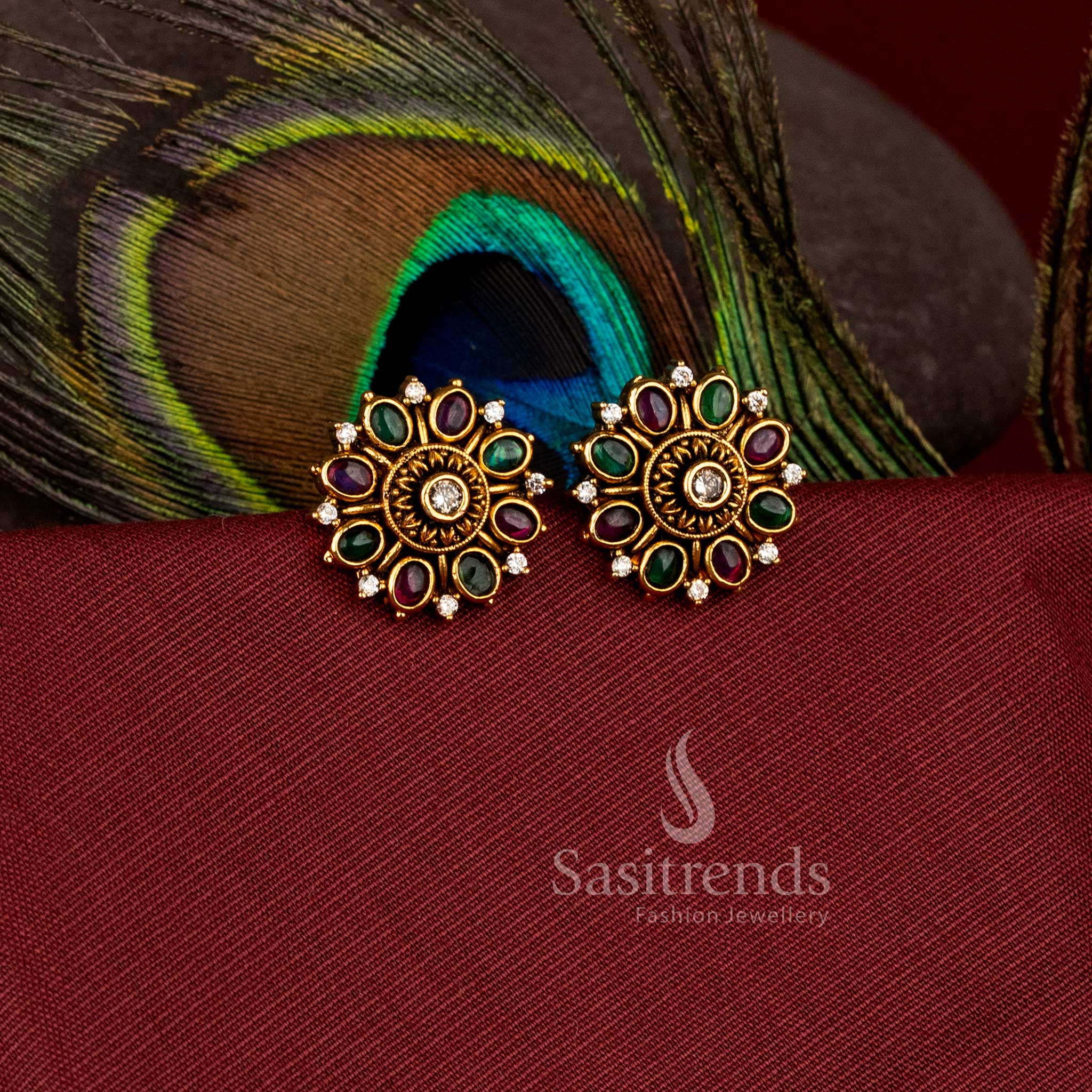 Temple jewellery floral stud earrings crafted with premium matte gold plated finish - Sasitrends