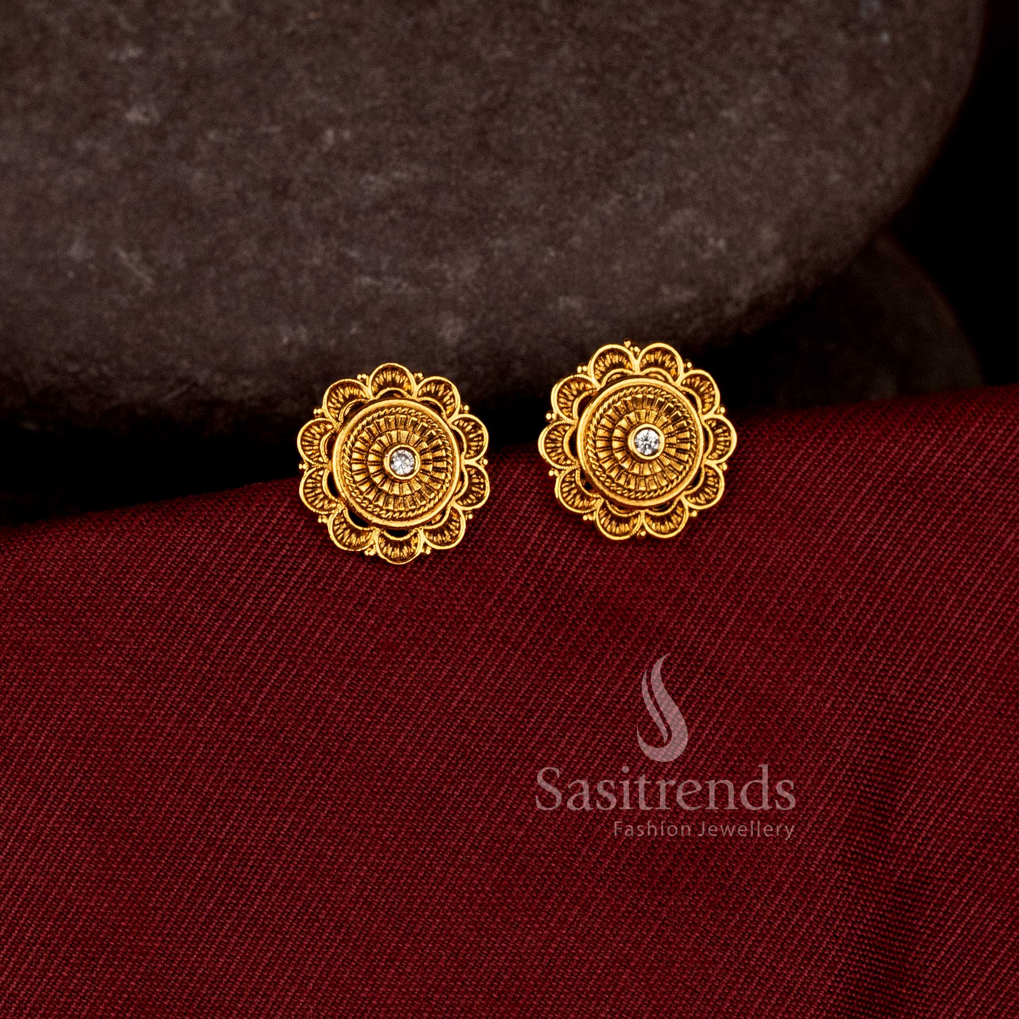 Radiant floral AD stone matte gold plated stud earrings with elegant round flower design - Sasitrends