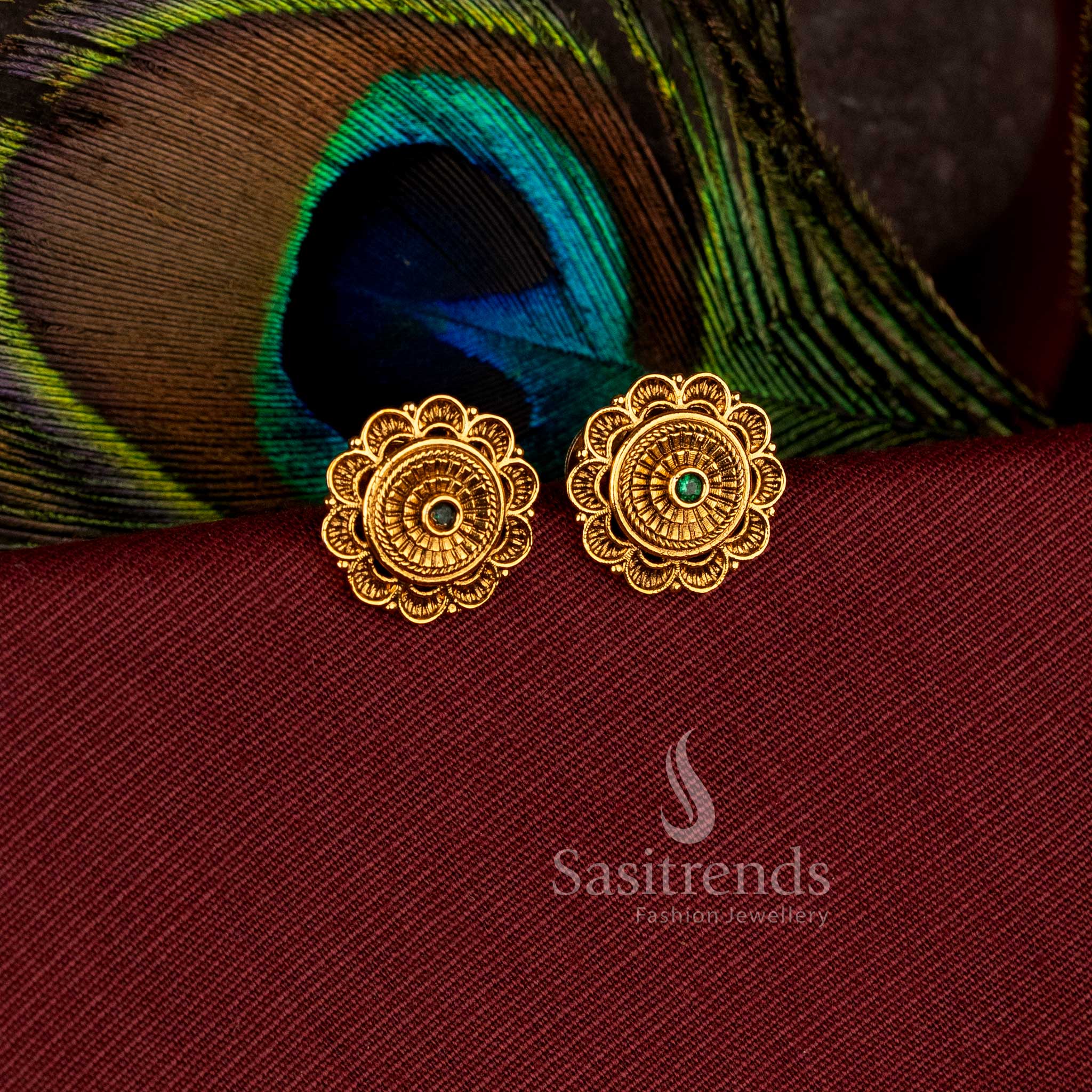 Radiant floral AD stone matte gold plated stud earrings with elegant round flower design - Sasitrends